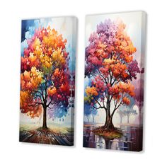 two paintings of trees with colorful leaves on them