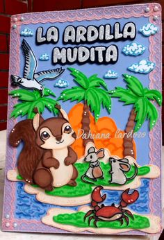 a birthday card with an image of a squirrel and other animals on the beach in front of palm trees