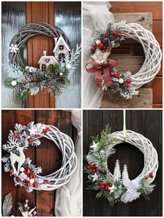 four different wreaths with christmas decorations on them