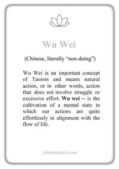 a white card with the words wu wei written in black ink on it and an image of