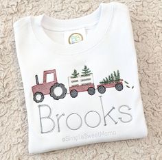 Tractor & Christmas Trees Embroidery Please leave all info needed in Notes To Seller at Checkout Size Name or short saying Font Any specific color changes If you would like a different color tee/bubble/romper than shown, please contact me before checkout Christmas Tree Embroidery, Embroidery T Shirt, Bubble Romper, Christmas Embroidery, Boys Clothing, Future Kids, Embroidered Shirt, Baby Boy Outfits