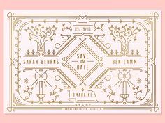 save the date card in gold foil on a pink background with an ornate frame and tree design