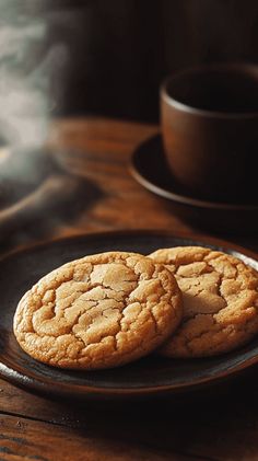 two cookies on a black plate next to a cup of coffee and a saucer