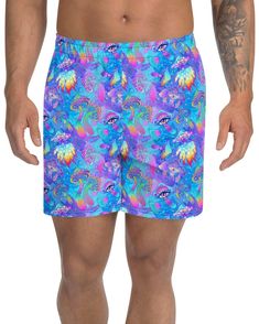 Get ready to take a trip with our "Shroomin' Blue Shorts" from One Stop Rave. These purple, pink, and blue men's rave shorts feature a unique and trippy design that includes vibrant, multi-colored mushrooms with eyes on them. Made with high-quality, breathable fabric, these shorts are designed for maximum comfort and freedom of movement. The elastic waistband ensures a snug and secure fit, while the lightweight material helps keep you cool as you dance the night away. Perfect for festivals, club Multicolor Short Rave Bottoms, Rave Bottoms With Built-in Shorts, Forest Clothes, Rave Shorts, Trippy Designs, Mini Hands, White Flats, Pink Shorts, Blue Shorts