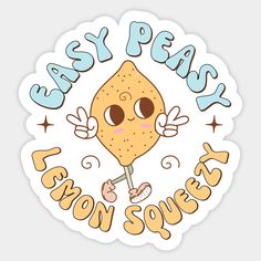 a sticker with the words easy peas and an image of a cartoon character on it