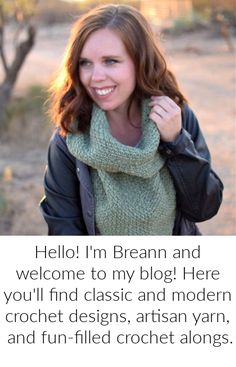 a woman wearing a green scarf and black jacket with the caption hello i'm person and welcome to my blog here you'll find classic and modern crochet designs