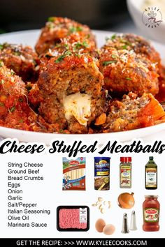 an advertisement for cheese stuffed meatballs on a white plate with spices and seasonings