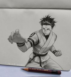 a pencil drawing of a man in karate stance with his fist out and one arm extended