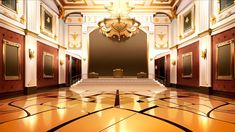 an empty hall with gold and white walls