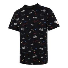 Men's Nike Logo Full Print Sports Training Short Sleeve Black T-Shirt DJ1392-010 Sportswear Crew Neck T-shirt With Graphic Print, Nike Sporty T-shirt With Logo Print, Nike Graphic Print Tops For Sports Events, Sports Shirt With All Over Print And Short Sleeves, Short Sleeve Sports Shirt With All Over Print, Sporty Multicolor Tops With Logo Print, Black Crew Neck Sportswear T-shirt, Multicolor Logo Print Short Sleeve Tops, Multicolor Short Sleeve Tops With Logo Print