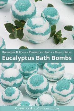 This easy homemade eucalyptus bath bombs recipe looks pretty in water and is very relaxing, perfect for at home wellness! Pretty fizzy essential oil bath bombs without cornstarch are beneficial to relieve respiratory problems, sinus congestion and headaches, and to soothe sore muscles and joints. See how to make simple natural aromatherapy bath bombs with eucalyptus, learn about packaging and storage tips and other essential oil scents ideas like lavender, lemon or peppermint. Great for kids ... Essential Oil Bath, Bath Boms, Sinus Congestion, Essential Oils Bath, Homemade Soap Recipes