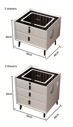 two drawers are shown side by side with measurements for each drawer and the bottom drawer