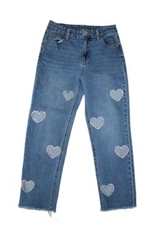 Hand embellished heart cutout jeans! Regular Wild Fable denim turned into a pair of one of a kind pants! Size 4 Embellished Straight Leg Denim Pants, Trendy Embellished Denim Jeans, Embellished Denim Blue Straight Leg Jeans, Embellished Straight Leg Denim Blue Jeans, Casual Straight-leg Embellished Pants, Embellished High Rise Denim Jeans, High Rise Embellished Denim Jeans, Casual Straight Leg Embellished Jeans, Casual Embellished Straight Leg Jeans