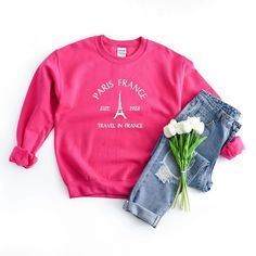 Looking for a cute versatile top to wear? Make sure to grab one of our Graphic Sweatshirts! This soft and comfortable shirt is the perfect top for any outfit. It can be paiRaspberry with biker shorts, Jeans, or the classic stay at home sweats! This sweatshirt is true-to-size, so be sure to order your regular size! If you are looking for a more oversized look, make sure to size up. Red H, Raspberry Red, Gildan Sweatshirts, Navy White, Paris France, Unisex Sweatshirt, Sleeve Styles, Fitness Fashion, Solid Colors