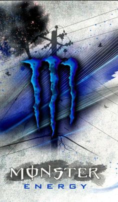 the monster energy logo is shown in blue and white colors, with an abstract background