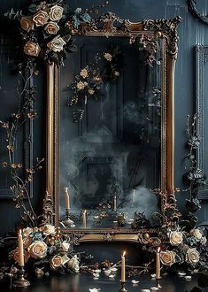 an ornate mirror with candles and flowers around it