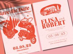 an orange and white wedding card with a red scooter on the front, and save the date on the back