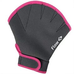 a black and pink glove with the word flow written on it's palm,