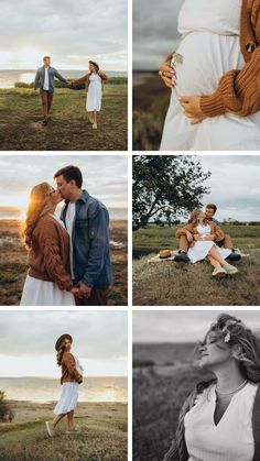 four different shots of people standing in the grass with their arms around each other and holding hands