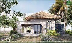 an artist's rendering of a small house with a thatched roof and palm trees