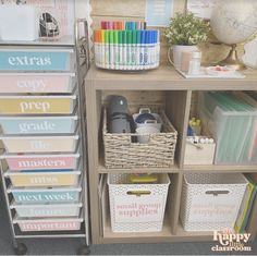 a book shelf filled with lots of books next to a white rug and a globe