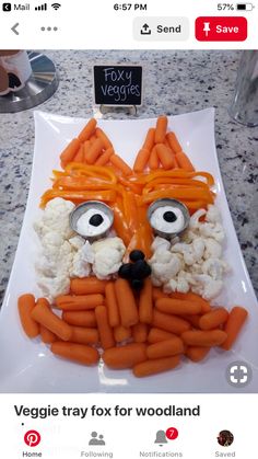 a plate with carrots and cauliflower in the shape of a face on it