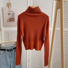 Essential turtleneck long sleeve sweater for fall/winter layering or wearing on its own. Chunky ribbed texture with lots of stretch. Meant to be a looser fit on size S/M or more fitted to the body on L/XL. One Size: 19.5" across shoulders, 38" chest, 20.5" length Cozy Ribbed Funnel Neck Turtleneck, Fall High Neck Sweater With Ribbed Cuffs, Ribbed Collar High Neck Sweater, High Neck Sweater With Ribbed Collar For Layering, Fall Turtleneck With Ribbed Cuffs, Winter Cropped Long Sleeve Sweater In Solid Color, Fall Cropped Long Sleeve Sweater In Solid Color, Ribbed Turtleneck Knit Sweater, Fall Turtleneck With Ribbed Cuffs And High Neck