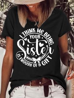 Womens Sister Crew Neck Cotton T-Shirt Graphic Tee T-shirt With Lettering And Crew Neck, Graphic Tee With Lettering And Crew Neck, Crew Neck Graphic Tee With Lettering, Cheap Clothing, Letter T, Women T Shirts, Cheap Clothes, Clothing Women, Shirt Outfit