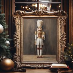 an oil painting of a nutcracker is displayed in front of a christmas tree