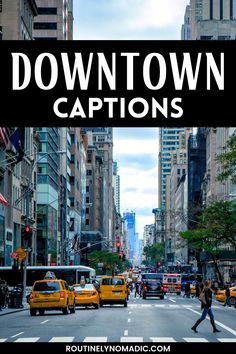 a city street with taxi cabs and pedestrians on the road in front of tall buildings