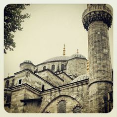 an old building with two towers on the top and one at the bottom, in front of a tree