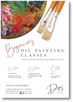 an advertisement for oil painting classes with two brushes and paint palettes on the front