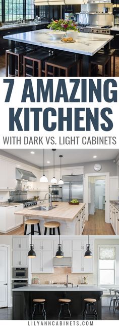 an open kitchen with white cabinets and black counter tops is featured in this postcard