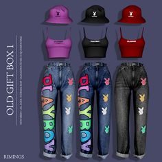 six women's jeans and hats with the words happy birthday written in colorful letters on them