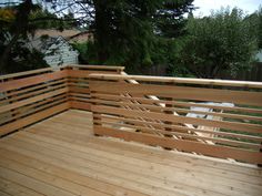 a wooden deck with railings and wood slats