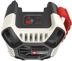 an image of a car battery charger with red and white buttons on it's side