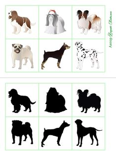 the silhouettes of dogs are shown in different colors and sizes, including white, brown, black, and gray