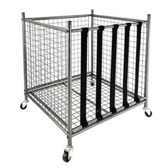 a metal cage with four black straps on it's sides and two white wheels