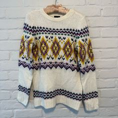 Pullover Crewneck Sweater From Talbots Cream With Colorful Ski / Fair Isle Pattern Along Neckline Like New - New Without Tags - Unworn Size Xs Acrylic / Nylon / Wool Blend Cozy Purple Crew Neck Sweater, Talbots Sweater, Fair Isle Pattern, Fair Isle Sweater, Sweaters Crewneck, Crewneck Sweater, Fair Isle, Colorful Sweaters, Crew Neck Sweater