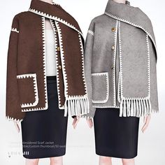 two women's coats with fringes and buttons on the shoulders, both in brown and white