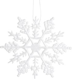 a white snowflake ornament hanging from a string on a white background