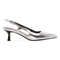 Wear these Worthington women's Safira pointed-toe pumps to impress on your next night out. Crafted from silver metallic faux leather, this closed-toe style has an adjustable slingback strap closure and a small stiletto heel. Wear them with a little black dress or jeans and a camisole. Features: Cut OutsClosure Type: BuckleShoe Heel Height: 1 InchUpper/Outer Base Material: 100% TextileShoe Lining Material: PolyurethaneSole Material Content: 100% Thermoplastic-RubberToe Type: Closed Toe, Pointed T