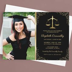 an image of a graduation party card with a lady justice symbol on the front and side