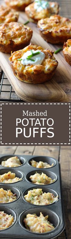 mashed potato puffs in muffin tins with text overlay that reads mashed potato puffs