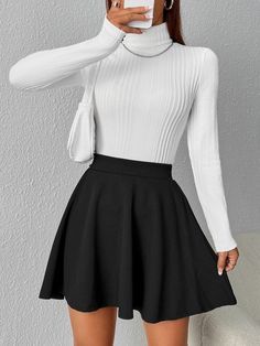 Business Women Skirt Outfits, Flare Black Skirt Outfit, White Sweater Black Skirt, Turtle Neck Skirt Outfits, Black Skirt And White Top Outfit, White Shirt Black Skirt Outfit, Black Skirt With White Top, Turtleneck And Skirt Outfit, Black And White Skirt Outfit