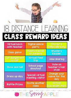 a poster with the words, 8 distance learning class reward ideas