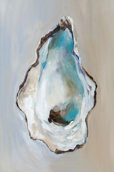 a painting of an oyster shell on a gray background with blue and white paint strokes