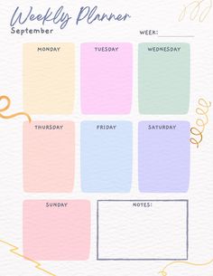 the weekly planner is shown in pastel colors