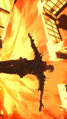 an anime character is flying through the air with his arms outstretched in front of fire