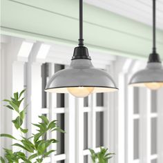 two lights are hanging from the ceiling in front of a house with green plants and potted plant